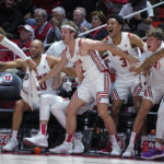 
              The Utah bench reacts to a score against Arizona during the first half of an NCAA college basketball game Thursday, Dec. 1, 2022, in Salt Lake City. (AP Photo/Rick Bowmer)
            