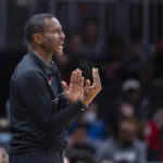 
              Detroit Pistons coach Dwane Casey yells during the first half of the team's NBA basketball game against the Atlanta Hawks, Friday, Dec. 23, 2022, in Atlanta. (AP Photo/Hakim Wright Sr.)
            