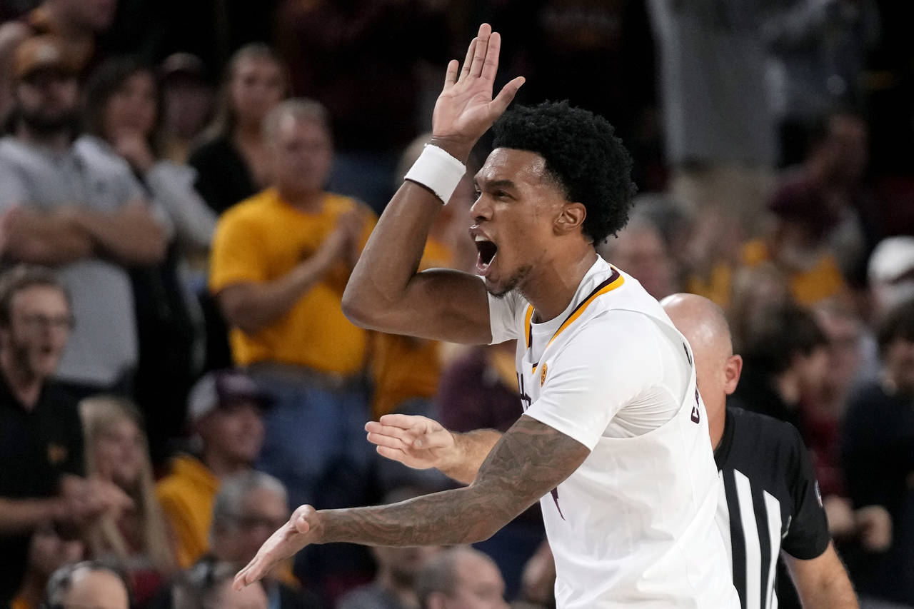 Arizona State guard Desmond Cambridge Jr. celebrates a turnover by Stanford during the second half ...
