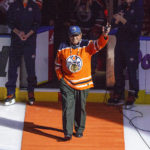 
              FILE - Former Chicago Blackhawks player Fred Sasakamoose is honored at the Edmonton Oilers-Chicago Blackhawks NHL hockey game Dec. 29, 2017, in Edmonton, Alberta. Sasakamoose is recognized as becoming the league's first Canadian aboriginal player in 1953, and he turned into a First Nations hero. But historians and the Hall of Fame would give that distinction to Mohawk player Paul Jacobs if he played in a game during the 1918-19 season. (Jason Franson/The Canadian Press via AP, File)
            