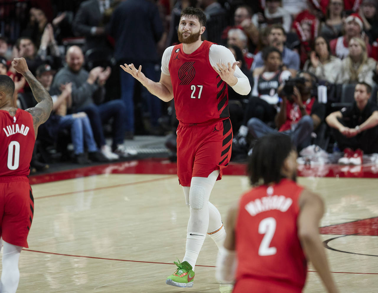 Portland Trail Blazers center Jusuf Nurkic (27) gestures after making a 3-point basket against the ...