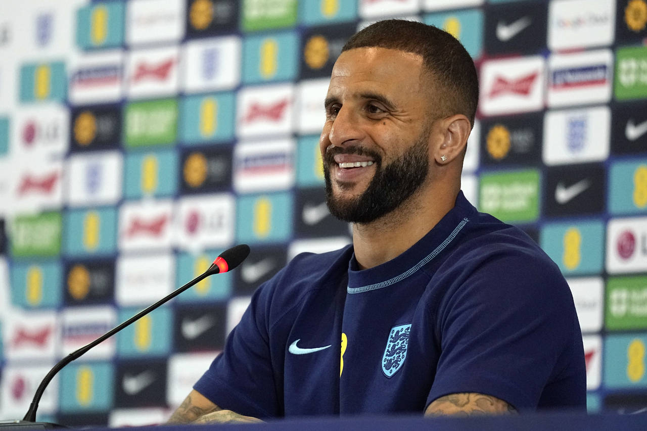 England's Kyle Walker speaks to the media during a press conference at Al Wakrah Sports Complex, in...