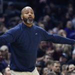 
              Cleveland Cavaliers coach J.B. Bickerstaff reacts to a call during the first half of the team's NBA basketball game against the Milwaukee Bucks, Wednesday, Dec. 21, 2022, in Cleveland. (AP Photo/Ron Schwane)
            