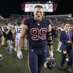 
              FILE - Houston Texans defensive end J.J. Watt (99) walks off the field after the team's 13-9 win over the Cincinnati Bengals in an NFL football game in Cincinnati, Sept. 14, 2017. Even though he is still playing great football, it looks as if Watt is ready to call it a career. The three-time AP Defensive Player of the Year indicated Tuesday, Dec. 27, 2022, that he will retire at the end of the season. (AP Photo/Gary Landers, File)
            