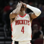 
              Houston Rockets guard Jalen Green (4) reacts after missing a three point basket during the first half of an NBA basketball game against the Philadelphia 76ers, Monday, Dec. 5, 2022, in Houston. (AP Photo/Eric Christian Smith)
            