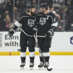 
              Los Angeles Kings defenseman Drew Doughty, left, celebrates with center Anze Kopitar (11) after scoring during the second period of an NHL hockey game against the Anaheim Ducks Tuesday, Dec. 20, 2022, in Los Angeles. (AP Photo/Ashley Landis)
            