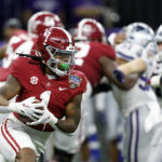 
              Alabama running back Jahmyr Gibbs (1) carries the ball against Kansas State during the first half of the Sugar Bowl NCAA college football game Saturday, Dec. 31, 2022, in New Orleans. (AP Photo/Butch Dill)
            