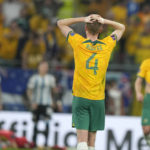 
              Australia's Kye Rowles reacts at the end of the World Cup round of 16 soccer match between Argentina and Australia at the Ahmad Bin Ali Stadium in Doha, Qatar, Saturday, Dec. 3, 2022. Argentina defeated Australia 2-1. (AP Photo/Frank Augstein)
            