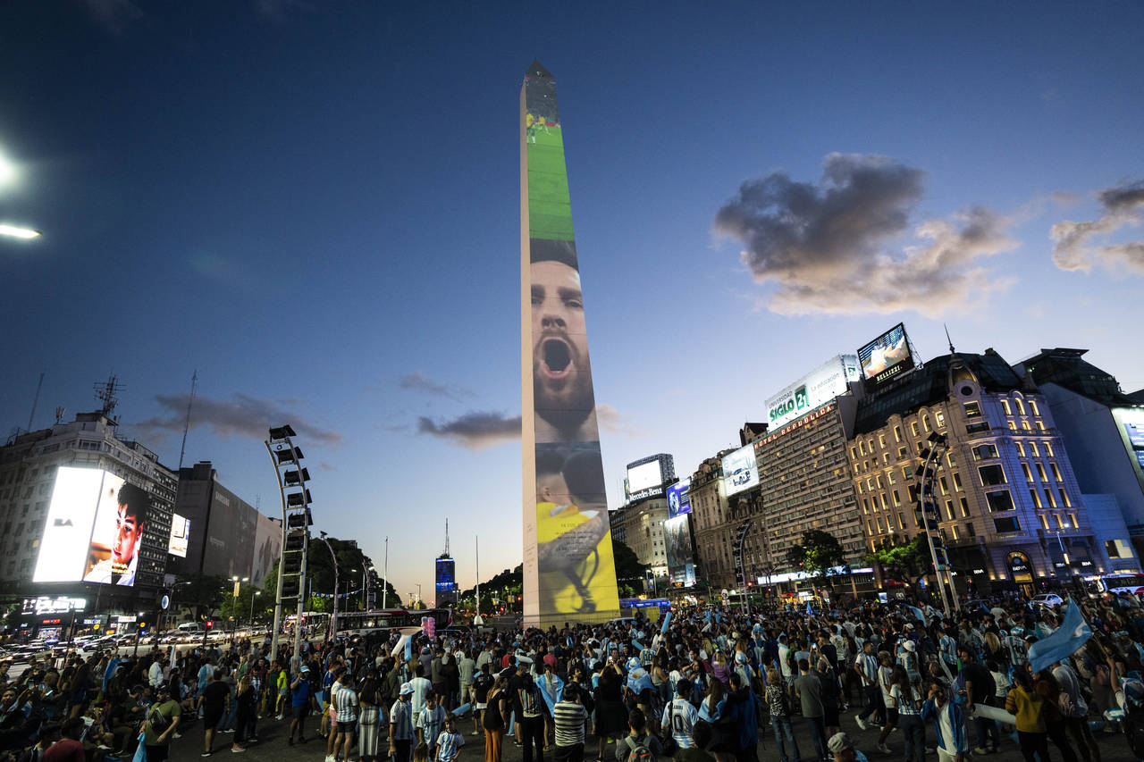 Argentine soccer fans gather at the Obelisk landmark during a rally in support of the national socc...