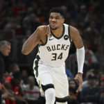 
              Milwaukee Bucks' Giannis Antetokounmpo (34) reacts after making his basket during the first half of the team's NBA basketball game against Chicago Bulls on Wednesday, Dec. 28, 2022, in Chicago. (AP Photo/Quinn Harris)
            