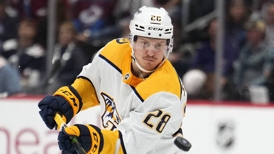 Predators RW Eeli Tolvanen controls the puck against the Colorado Avalanche on May 5, 2022. (AP Pho...