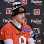 
              Cincinnati Bengals quarterback Joe Burrow speaks with the media, Friday, Jan. 27, 2023, in Cincinnati. The Bengals are scheduled to play the Kansas City Chiefs Sunday in the NFL football AFC championship game. (AP Photo/Aaron Doster)
            