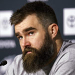 
              Philadelphia Eagles center Jason Kelce talks to the media before an NFL football workout, Thursday, Jan. 26, 2023, in Philadelphia. The Eagles are scheduled to play the San Francisco 49ers Sunday in the NFC championship game.(AP Photo/Chris Szagola)
            