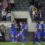 
              United States forward Brandon Vazquez, left, celebrates with defender Walker Zimmerman (3) after scoring during the first half of an international friendly soccer match against Serbia in Los Angeles, Wednesday, Jan. 25, 2023. (AP Photo/Ashley Landis)
            