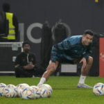 
              Cristiano Ronaldo, warms up during his first training after the official unveiling as a new member of Al Nassr soccer club in in Riyadh, Saudi Arabia, Tuesday, Jan. 3, 2023. Ronaldo, who has won five Ballon d'Ors awards for the best soccer player in the world and five Champions League titles, will play outside of Europe for the first time in his storied career. (AP Photo/Amr Nabil)
            