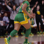 
              Oregon guard Te-Hina Paopao reacts after scoring a three pointer during the first half of an NCAA college basketball game against Stanford on Sunday, Jan. 29, 2023, in Stanford, Calif. (AP Photo/Josie Lepe)
            
