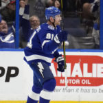 
              Tampa Bay Lightning center Steven Stamkos (91) celebrates after his goal against the Vancouver Canucks during the third period of an NHL hockey game Thursday, Jan. 12, 2023, in Tampa, Fla. (AP Photo/Chris O'Meara)
            