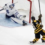 
              Toronto Maple Leafs' Matt Murray (30) makes a save on a shot by Boston Bruins' Brad Marchand (63) during the first period of an NHL hockey game Saturday, Jan. 14 2023, in Boston. (AP Photo/Michael Dwyer)
            