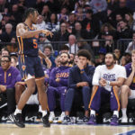 
              New York Knicks guard Immanuel Quickley (5) reacts after scoring a 3-point basket during the first half of an NBA basketball game against the Phoenix Suns, Monday, Jan. 2, 2023, in New York. (AP Photo/Jessie Alcheh)
            
