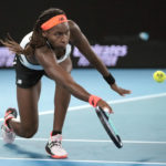 
              Coco Gauff of the U.S. plays a forehand return to Emma Raducanu of Britain during their second round match at the Australian Open tennis championship in Melbourne, Australia, Wednesday, Jan. 18, 2023. (AP Photo/Dita Alangkara)
            