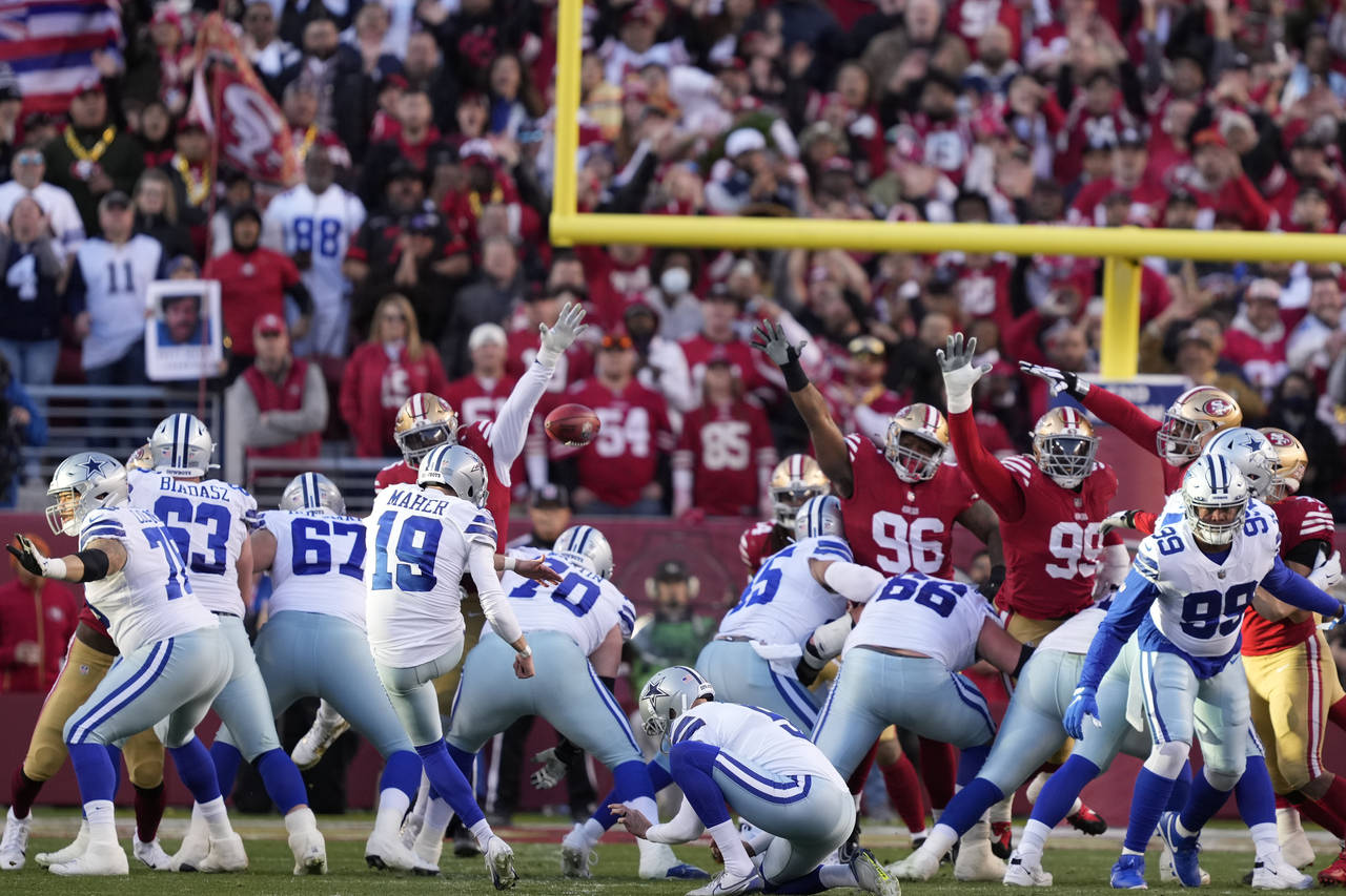 Dallas Cowboys place kicker Brett Maher (19) has a point after try blocked by San Francisco 49ers' ...
