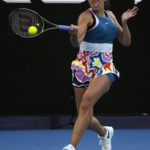 
              Madison Keys of the U.S. plays a forehand return to Victoria Azarenka of Belarus during their third round match at the Australian Open tennis championship in Melbourne, Australia, Friday, Jan. 20, 2023. (AP Photo/Aaron Favila)
            