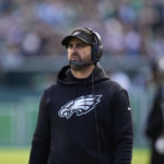 
              Philadelphia Eagles head coach Nick Sirianni watches from the sideline in the first half of an NFL football game against the New Orleans Saints in Philadelphia, Sunday, Jan. 1, 2023. (AP Photo/Matt Slocum)
            