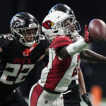 
              Arizona Cardinals wide receiver Marquise Brown (2) misses the pass against Atlanta Falcons cornerback Cornell Armstrong (22) during the second half of an NFL football game, Sunday, Jan. 1, 2023, in Atlanta. (AP Photo/Brynn Anderson)
            