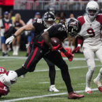 
              Atlanta Falcons running back Cordarrelle Patterson (84) runs into the end zone for a touchdown against the Arizona Cardinals during the first half of an NFL football game, Sunday, Jan. 1, 2023, in Atlanta. (AP Photo/Brynn Anderson)
            
