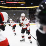 
              Ottawa Senators defenseman Jake Sanderson (85) looks for a pass during the second period of the team's NHL hockey game against the Toronto Maple Leafs on Friday, Jan. 27, 2023, in Toronto. (Christopher Katsarov/The Canadian Press via AP)
            