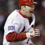 
              FILE - St. Louis Cardinals Scott Rolen reacts after hitting an RBI single to right field against the Detroit Tigers in the seventh inning in Game 5 of the World Series on Friday, Oct. 27, 2006 in St. Louis. Rolen was elected to baseball's Hall of Fame, in voting announced Tuesday, Jan. 24, 2023. (AP Photo/Elise Amendola, File)
            