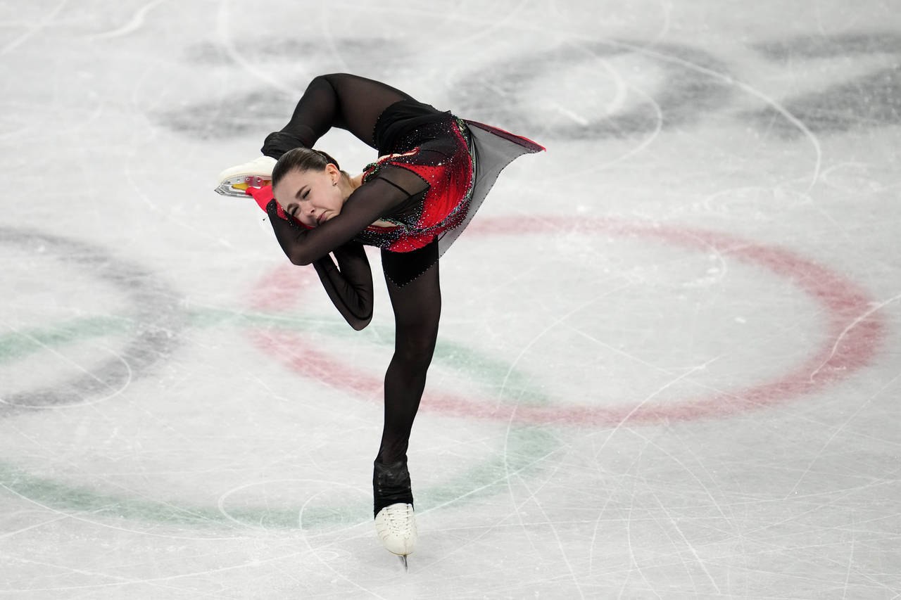 FILE - Kamila Valieva, of the Russian Olympic Committee, competes in the women's free skate program...