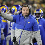 
              Los Angeles Rams head coach Sean McVay questions a call in the second half of an NFL football game against the Green Bay Packers in Green Bay, Wis. Monday, Dec. 19, 2022. (AP Photo/Morry Gash)
            