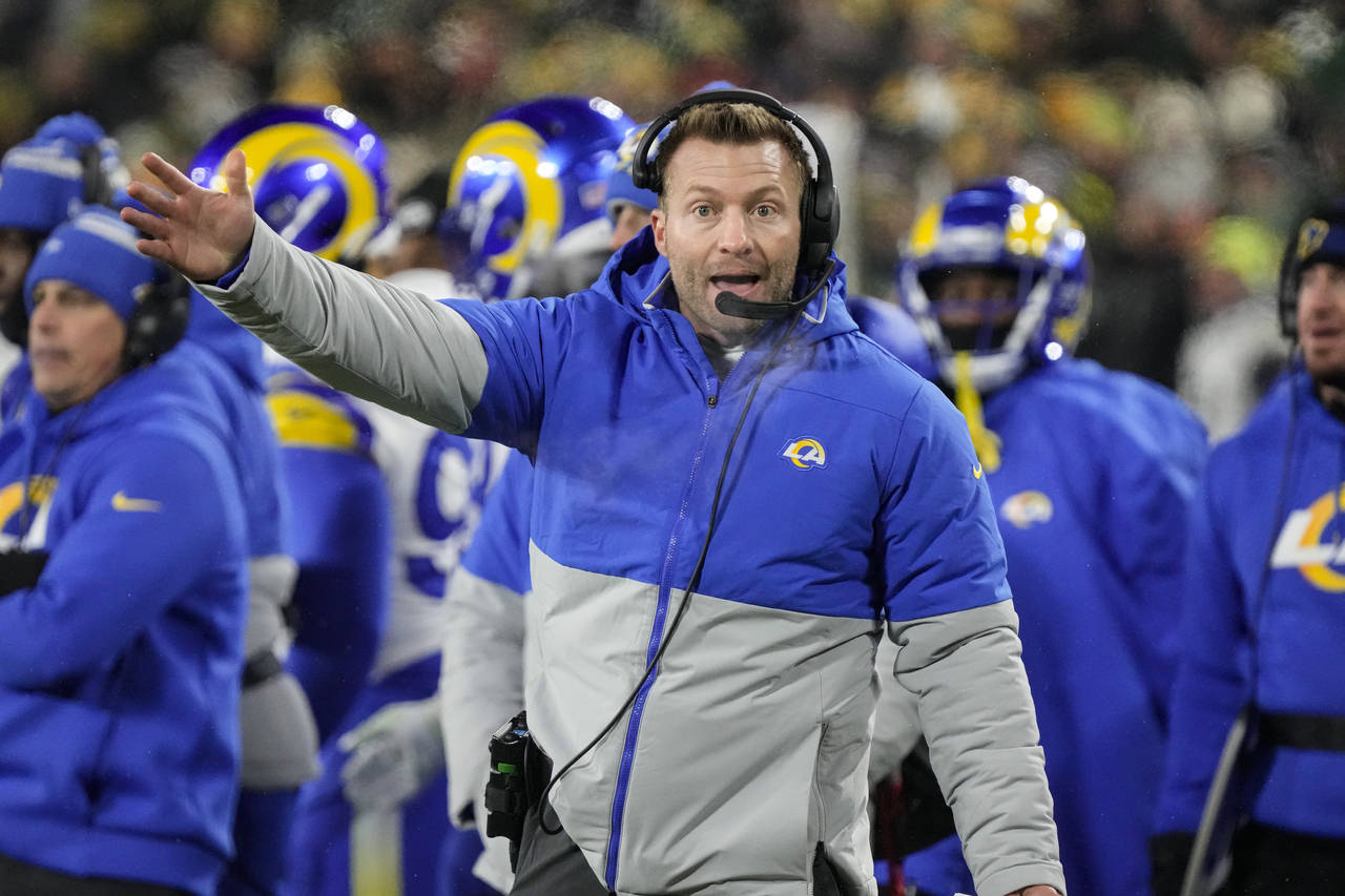 Los Angeles Rams head coach Sean McVay questions a call in the second half of an NFL football game ...