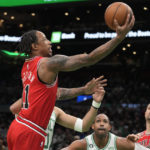 
              Chicago Bulls forward DeMar DeRozan drives to the basket against the Boston Celtics during the first half of an NBA basketball game, Monday, Jan. 9, 2023, in Boston. (AP Photo/Charles Krupa)
            