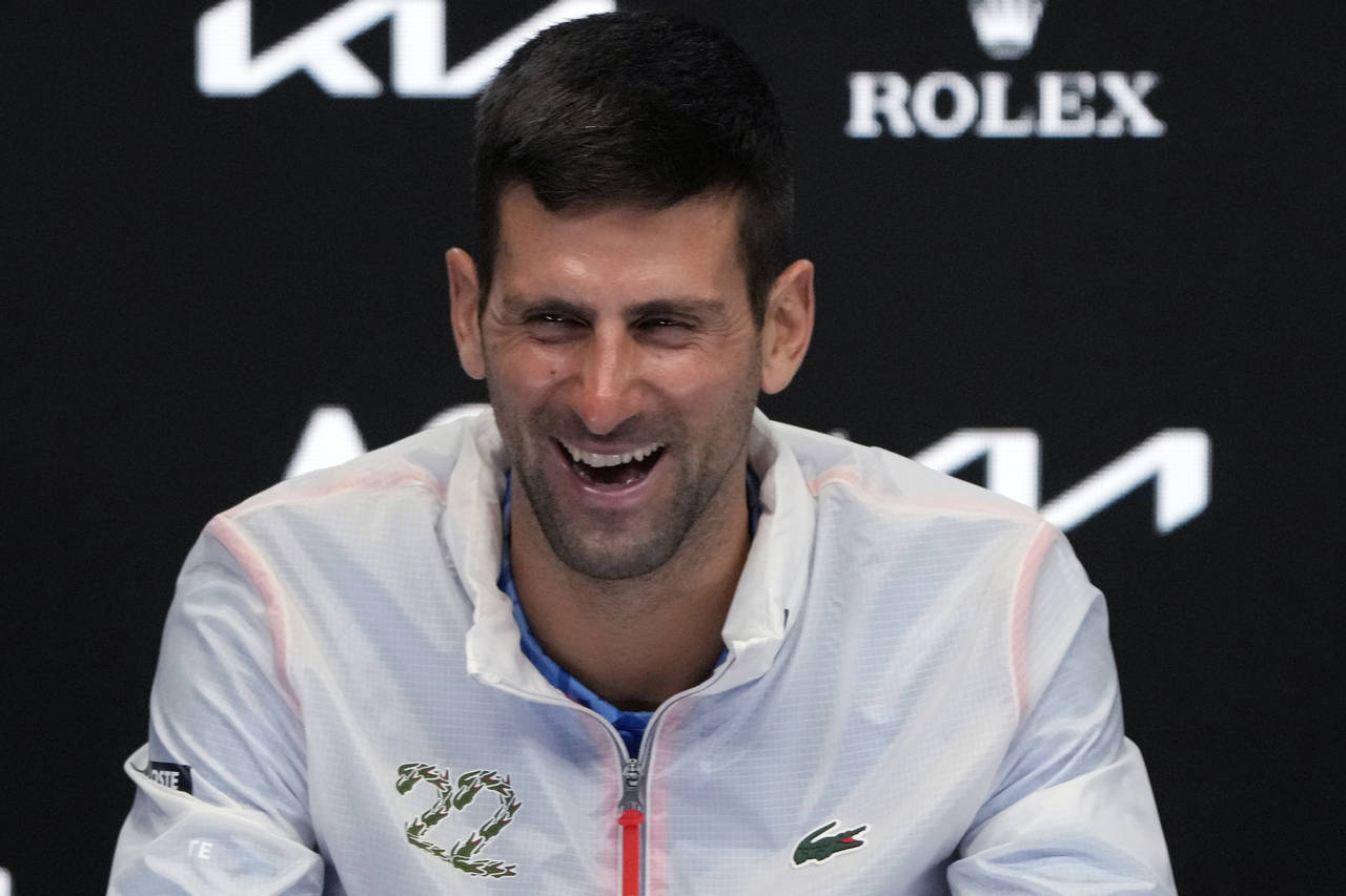 Novak Djokovic of Serbia reacts during a press conference following his win over Stefanos Tsitsipas...
