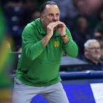 
              Notre Dame coach Mike Brey shouts during the first half of the team's NCAA college basketball game against Florida State on Tuesday, Jan. 17, 2023, in South Bend, Ind. (AP Photo/Michael Caterina)
            