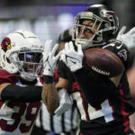 
              Arizona Cardinals cornerback Jace Whittaker (39) breaks up a pass intended for Atlanta Falcons wide receiver Damiere Byrd (14) during the second half of an NFL football game, Sunday, Jan. 1, 2023, in Atlanta. (AP Photo/John Bazemore)
            