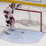 
              Ottawa Senators goaltender Cam Talbot pauses after giving up a goal during the first period of an NHL hockey game against the St. Louis Blues Monday, Jan. 16, 2023, in St. Louis. (AP Photo/Jeff Roberson)
            