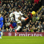 
              Leeds United's Wilfried Gnonto, right, scores his side's opening goal during the English FA Cup third round soccer match between Leeds United and Cardiff City at Elland Road Stadium in Leeds, England, Wednesday, Jan. 18, 2023. (AP Photo/Jon Super)
            