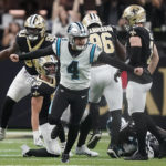 
              Carolina Panthers place kicker Eddy Pineiro celebrates after kicking the winning field goal during the second half an NFL football game between the Carolina Panthers and the New Orleans Saints in New Orleans, Sunday, Jan. 8, 2023. (AP Photo/Gerald Herbert)
            