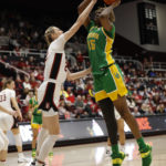 
              Stanford forward Cameron Brink, front left, defends against Oregon center Phillipina Kyei (15) during the first half of an NCAA college basketball game Sunday, Jan. 29, 2023, in Stanford, Calif. (AP Photo/Josie Lepe)
            
