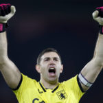 
              Aston Villa's goalkeeper Emiliano Martinez celebrates after his side's 1-0 victory in the English Premier League soccer match between Southampton and Aston Villa at St Mary's Stadium in Southampton, England, Saturday, Jan. 21, 2023. (AP Photo/David Cliff)
            