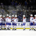 
              The Montreal Canadiens celebrate after defeating the New York Rangers in an NHL hockey game Sunday, Jan. 15, 2023, in New York. (AP Photo/Adam Hunger)
            