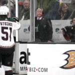 
              Arizona Coyotes defenseman Troy Stecher, left, taunts Anaheim Ducks center Trevor Zegras after Zebras received a penalty during the second period of an NHL hockey game Saturday, Jan. 28, 2023, in Anaheim, Calif. (AP Photo/Mark J. Terrill)
            