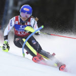 
              FILE - Mikaela Shiffrin, of the United States, competes during the first run of an Alpine ski, women's World Cup slalom in Semmering, Austria, Saturday, Dec. 29, 2018. Mikaela Shiffrin has matched Lindsey Vonn’s women’s World Cup skiing record with her 82nd win at the women's World Cup giant slalom race, in Kranjska Gora, Slovenia, on Sunday, Jan. 8, 2023. (AP Photo/Marco Tacca, File)
            