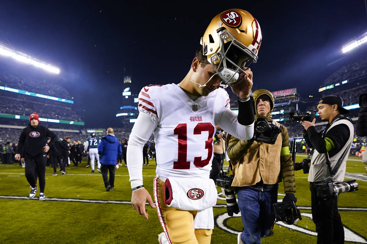 San Francisco 49ers quarterback Brock Purdy leaves the field after the NFC Championship NFL footbal...
