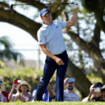 
              Jordan Spieth plays his shot from the second tee during the second round of the Sony Open golf tournament, Friday, Jan. 13, 2023, at Waialae Country Club in Honolulu. (AP Photo/Matt York)
            