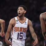 
              Phoenix Suns guard Cameron Payne (15) reacts during the first half of an NBA basketball game against the New York Knicks, Monday, Jan. 2, 2023, in New York. (AP Photo/Jessie Alcheh)
            