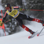 
              Canada's Valerie Grenier speeds down the course during an alpine ski, women's World Cup giant slalom, in Kronplatz, Italy, Wednesday, Jan. 25, 2023. (AP Photo/Alessandro Trovati)
            